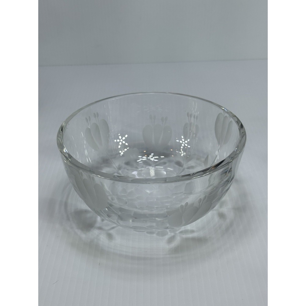 Vintage Clear Crystal Ground Eteched Tulips Flowers Bowl 7 1/4" Signed Dated 85